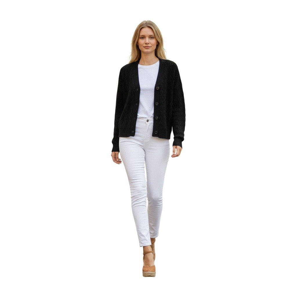 Wool‎ Cotton Blend Black Cable Knit Cardigan V-Neck Fisherman Button Front S/M